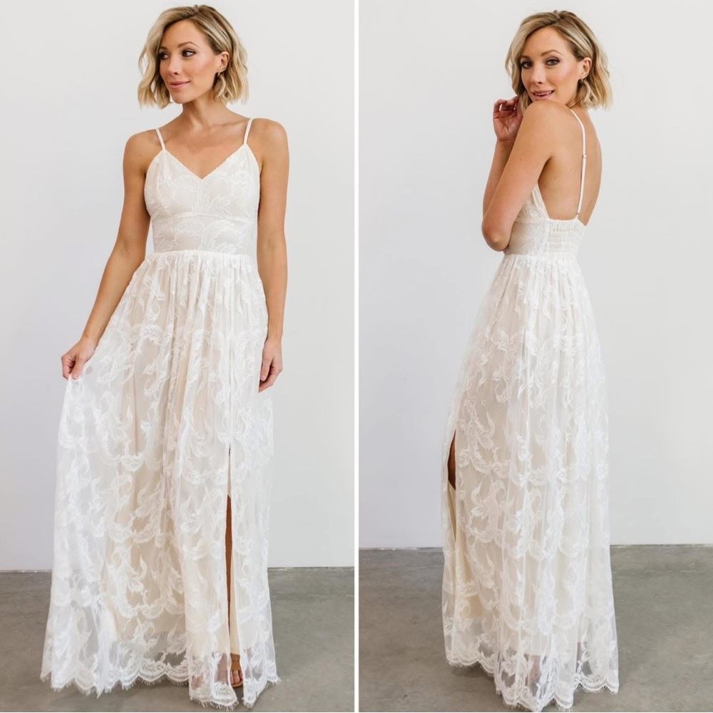 Baltic Born Cozette White Lace Gown Over Nude Color Bodice Long Maxi Dress XL